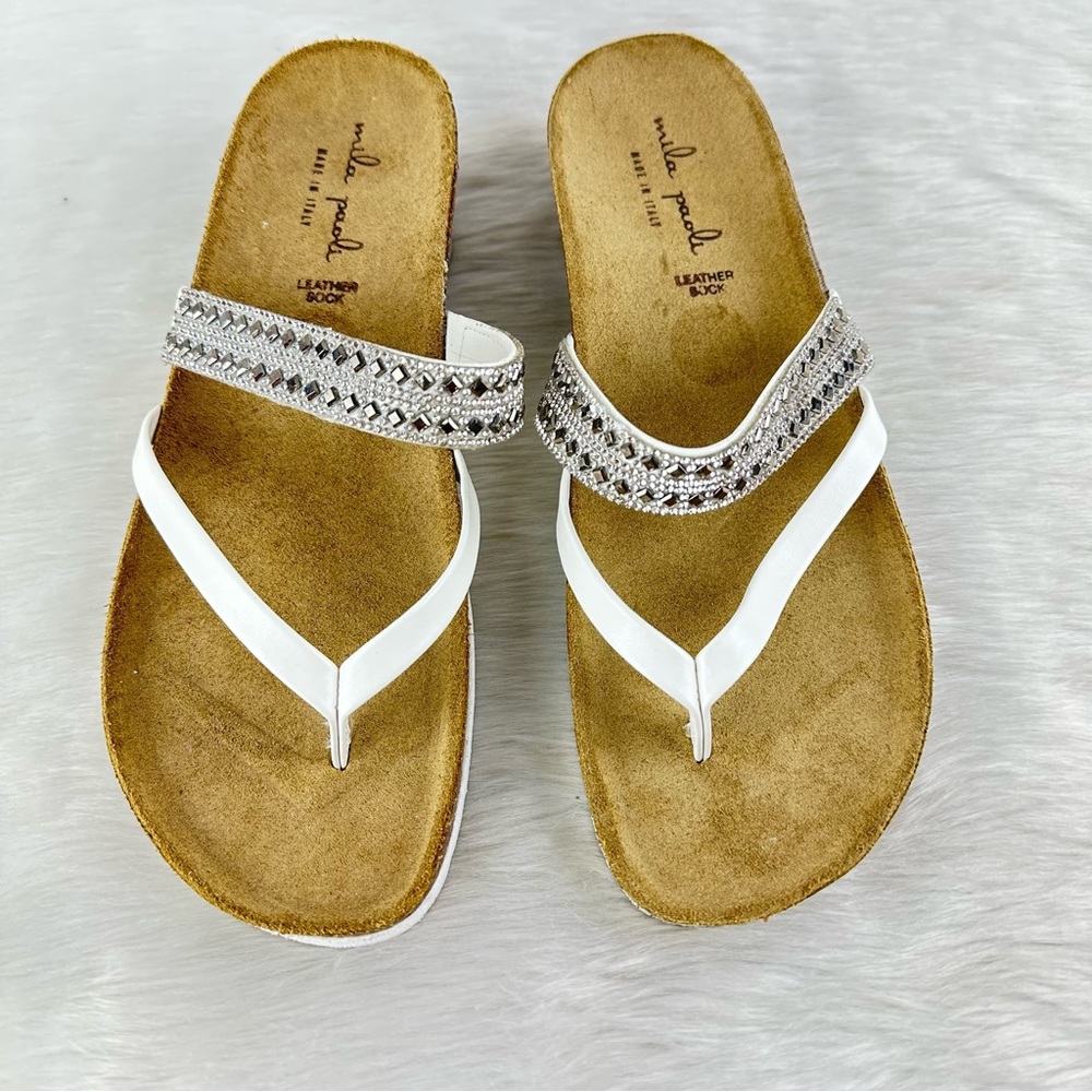 mila paoli Women’s Beautiful Leather Sock Rhinestone Studded Wedge Sandals Sz 7